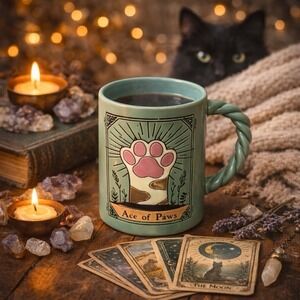 Ace Of Paws Cat Paw Tarot Style Mug Green, Twisted Handle  Coffee Cup